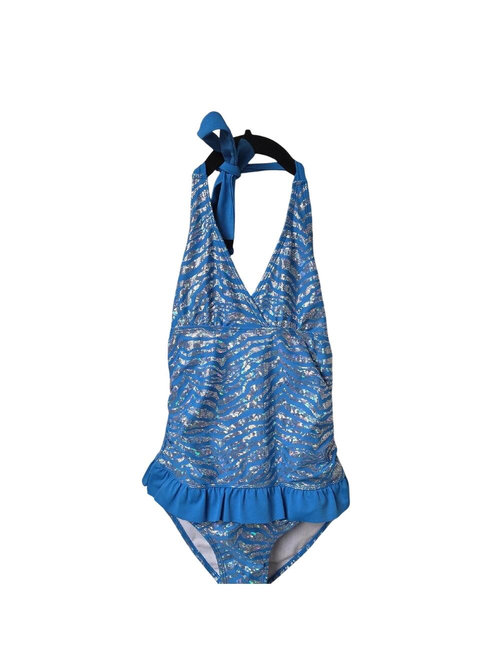Justice Blue Zebra Glitter Halter One-Piece Swimsuit Girls Size 10.5 NEW